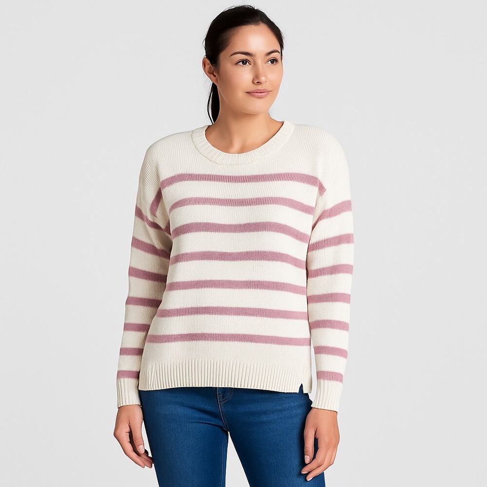 KULE Striped Organic Cotton Sweater Pink White Long Sleeve Size Large